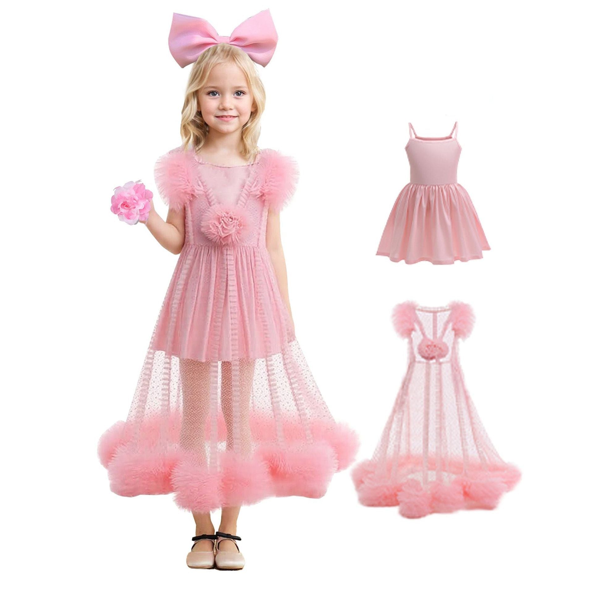 Girls Glinda Dress Good Witch Pink Princess Flowered Ruffled Tulle Gown with Camisole Slip