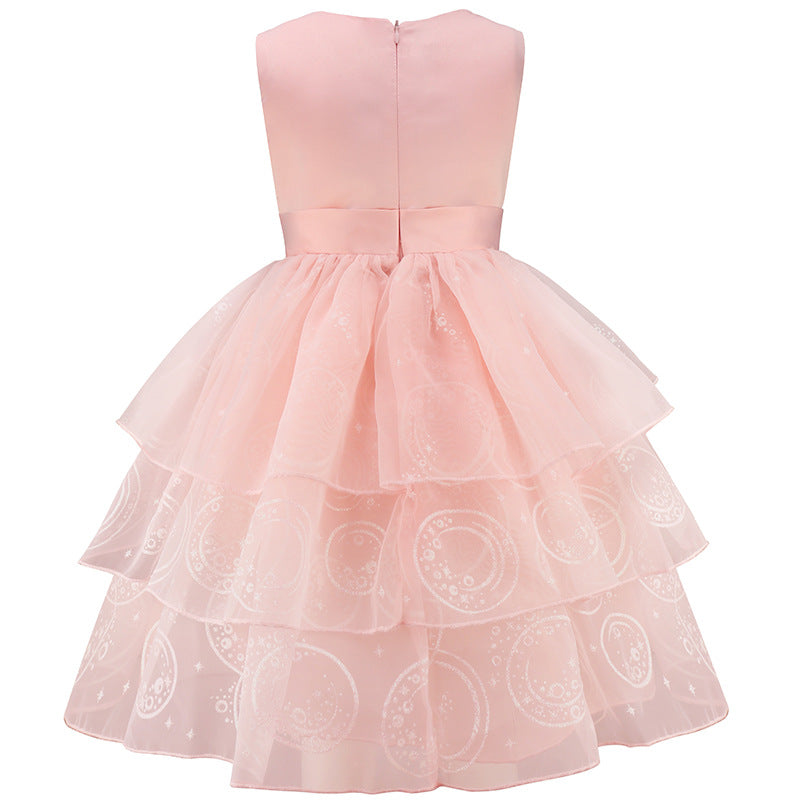 Pink Witch Dress Girls Sequin Tulle Gown with Layered Skirt Elegant Princess Costume