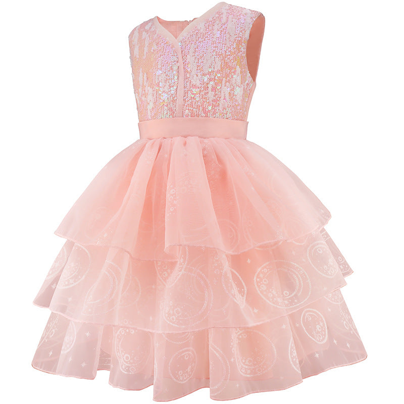 Pink Witch Dress Girls Sequin Tulle Gown with Layered Skirt Elegant Princess Costume