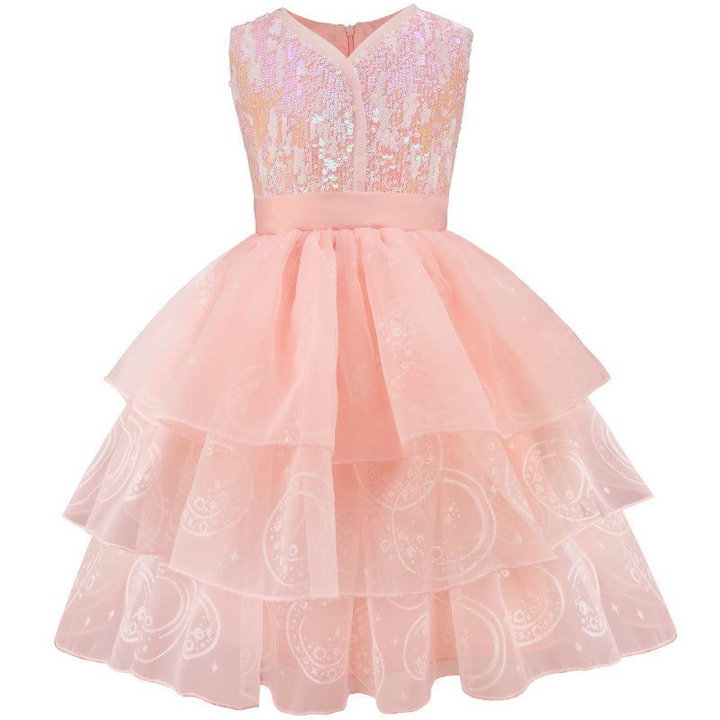 Pink Witch Dress Girls Sequin Tulle Gown with Layered Skirt Elegant Princess Costume