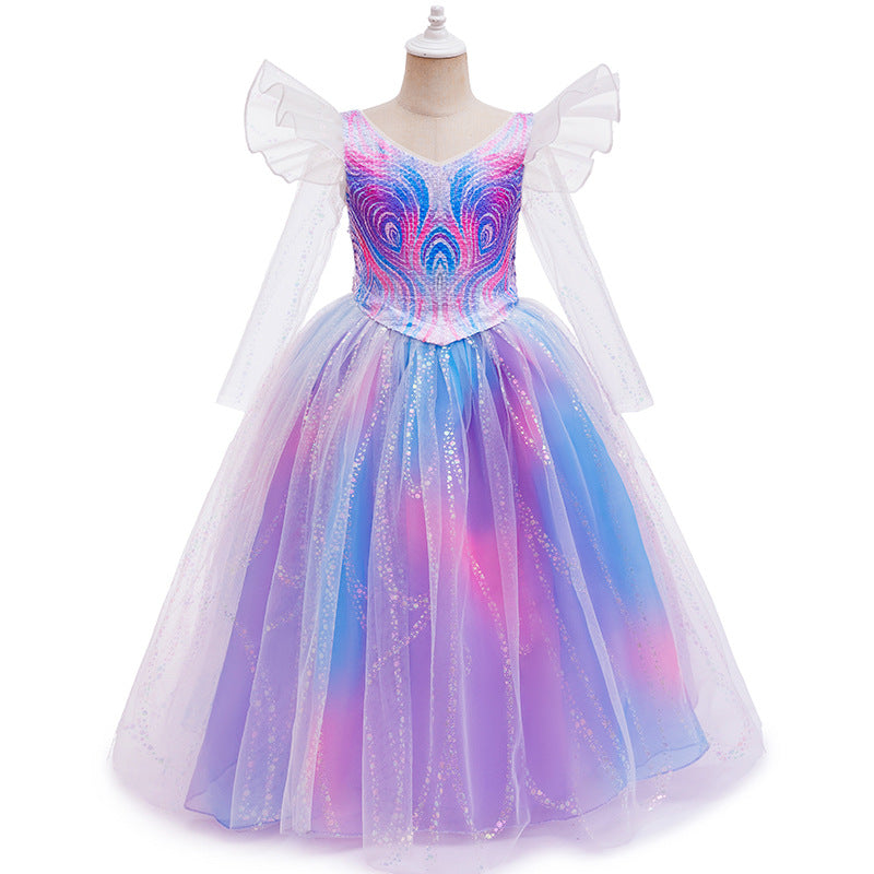 Girls Witch Sequin Dress Princess Tulle Gown with Sparkly Bodice and Angel Sleeves for Themed Party