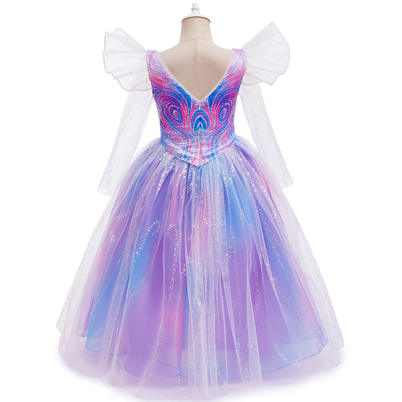 Girls Witch Sequin Dress Princess Tulle Gown with Sparkly Bodice and Angel Sleeves for Themed Party