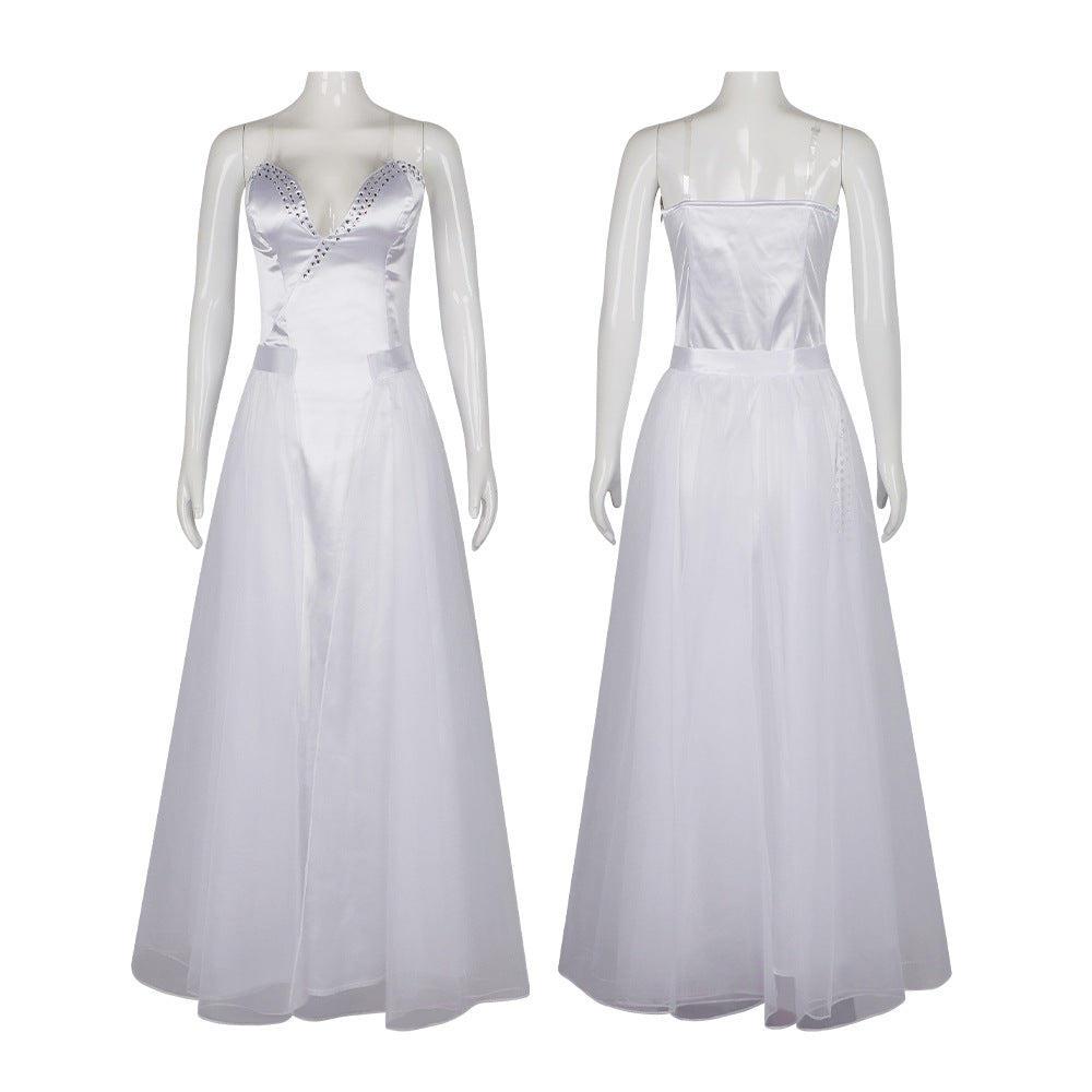Wedding Princess Dress Adult White Witch Costume Satin Bridal Gown with Crystal Bodice and Tiara