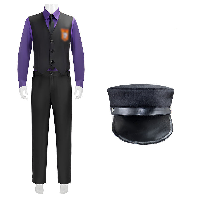 Mens FNAF Costume William Purple Uniform Set with Vest and Hat for Roleplay Events