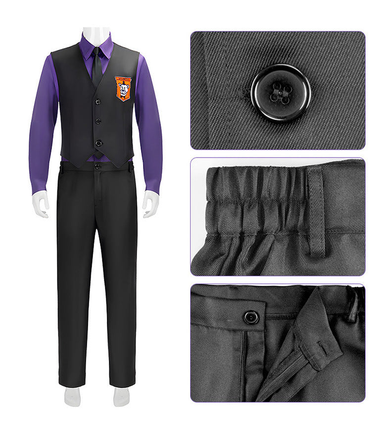 Mens FNAF Costume William Purple Uniform Set with Vest and Hat for Roleplay Events