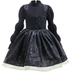 Girls Witch Dress Black Vintage Ruffled Puff Sleeves Tiered Dress for Cosplay Events