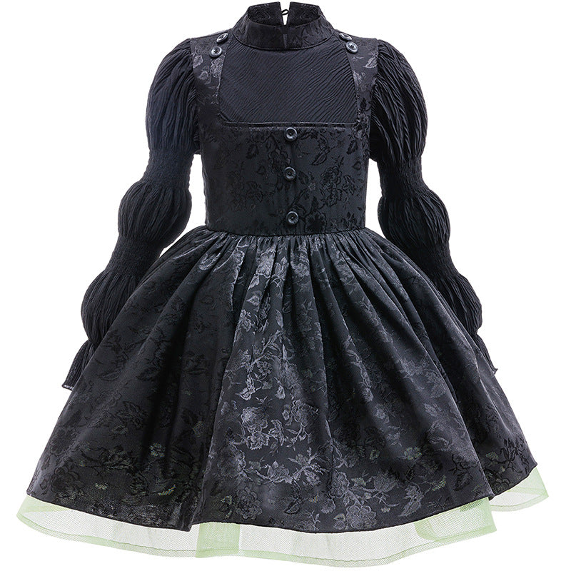 Girls Witch Dress Black Vintage Ruffled Puff Sleeves Tiered Dress for Cosplay Events
