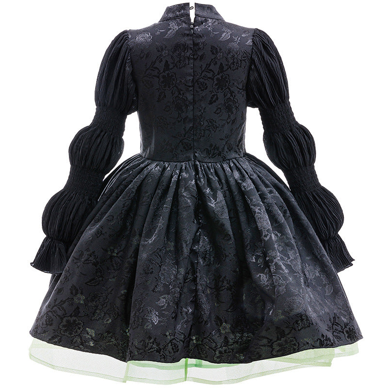 Girls Witch Dress Black Vintage Ruffled Puff Sleeves Tiered Dress for Cosplay Events