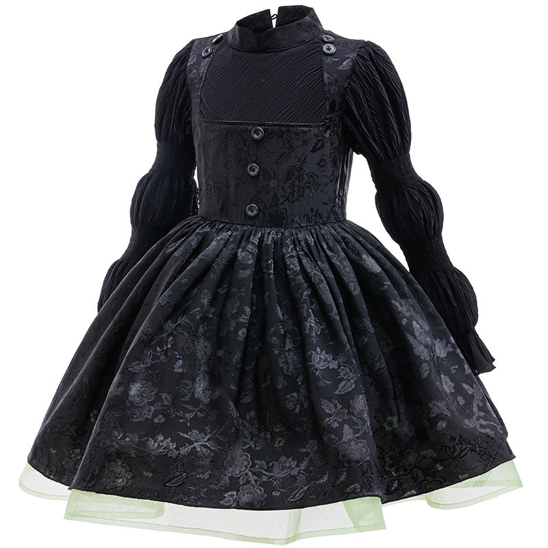Girls Witch Dress Black Vintage Ruffled Puff Sleeves Tiered Dress for Cosplay Events