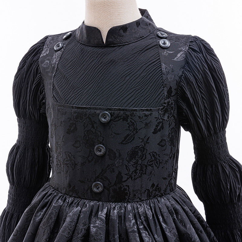 Girls Witch Dress Black Vintage Ruffled Puff Sleeves Tiered Dress for Cosplay Events