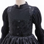 Girls Witch Dress Black Vintage Ruffled Puff Sleeves Tiered Dress for Cosplay Events