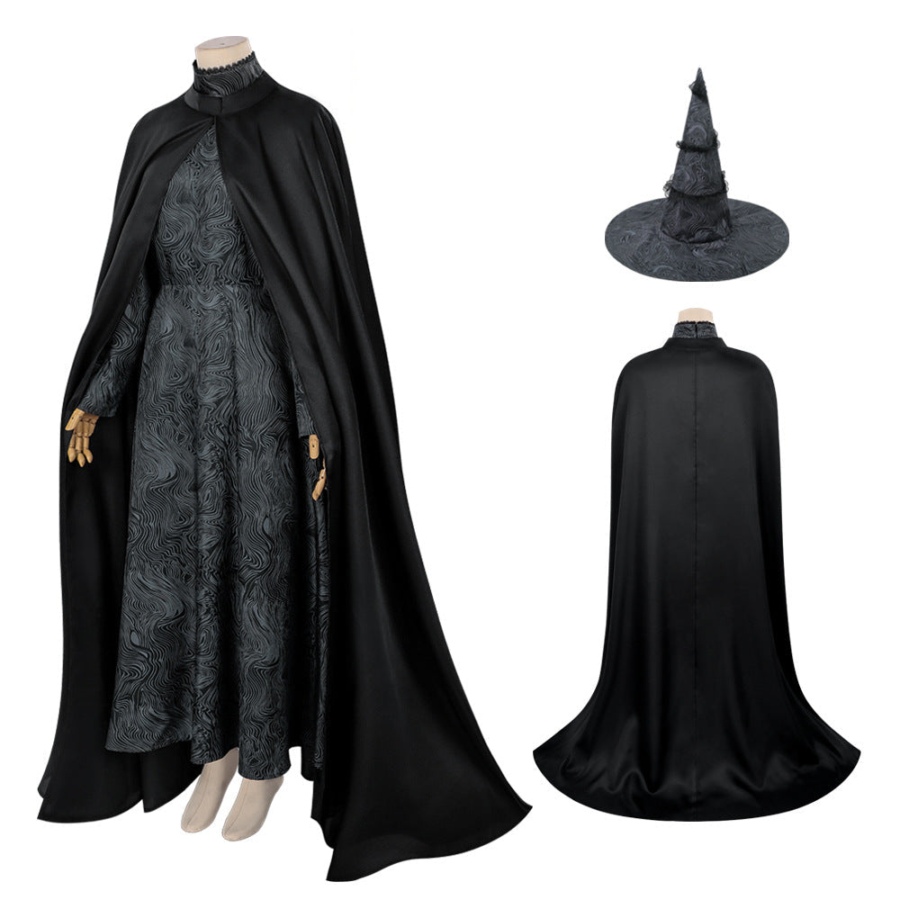 Women Evil Witch Costume Black Brocade Gown with Long Cape Witch Hat for Cosplay