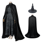 Women Evil Witch Costume Black Brocade Gown with Long Cape Witch Hat for Cosplay