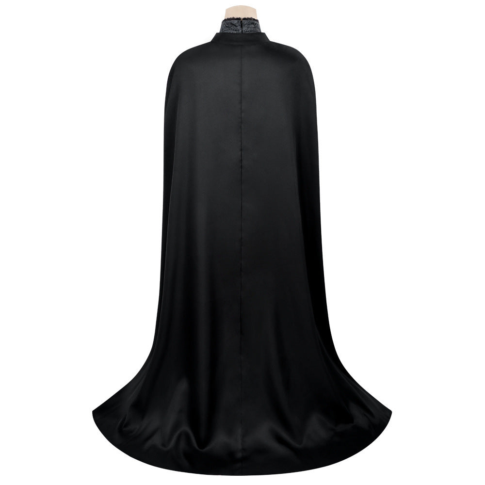 Women Evil Witch Costume Black Brocade Gown with Long Cape Witch Hat for Cosplay
