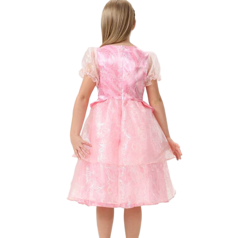 Girls Witch Dress Pink Princess Gown with Sheer Ruffled Sleeves Tiered Tulle Witch Costume