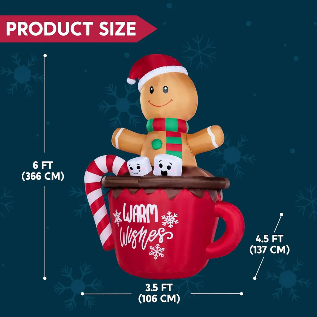 6FT Christmas Inflatable Gingerbread Man in Hot Cocoa Mug with LED Light Cute Christmas Decoration