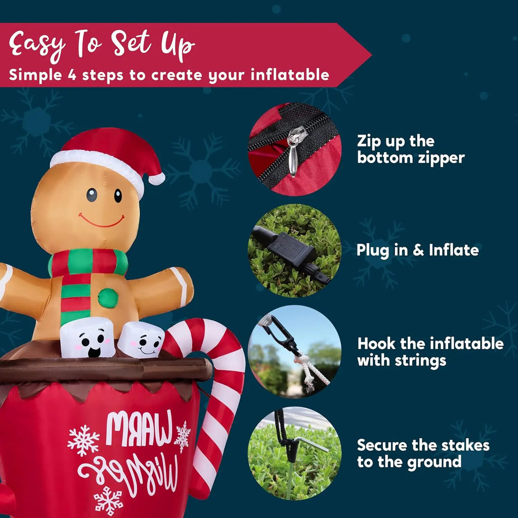 6FT Christmas Inflatable Gingerbread Man in Hot Cocoa Mug with LED Light Cute Christmas Decoration