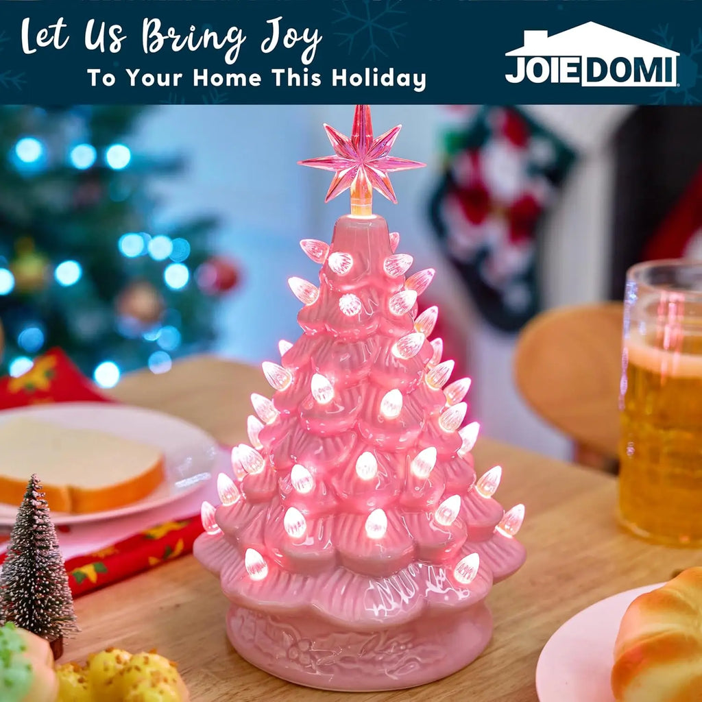 12" Pink Ceramic Christmas Tree with Pink Star and Light Tabletop Christmas Tree Decor