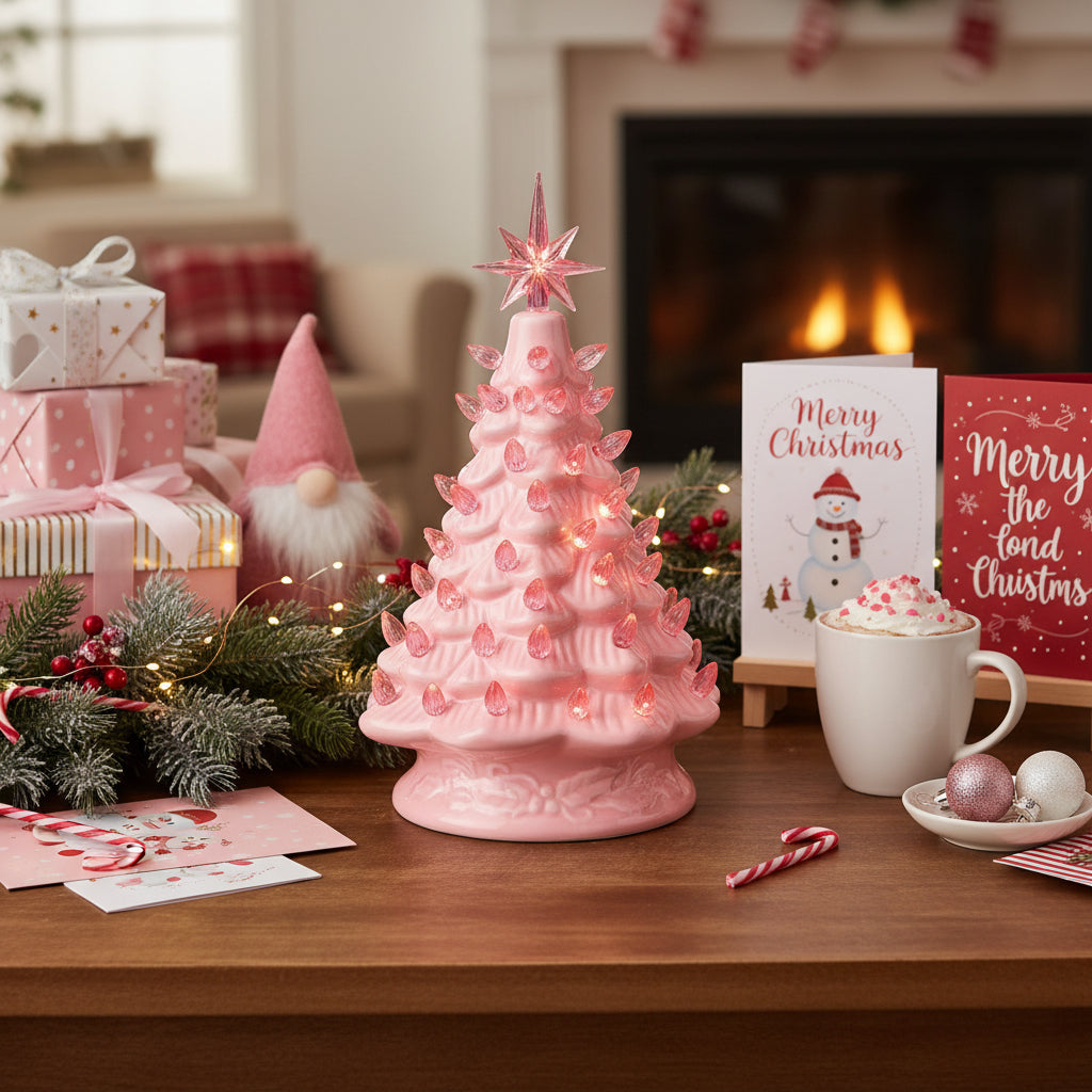 12" Pink Ceramic Christmas Tree with Pink Star and Light Tabletop Christmas Tree Decor