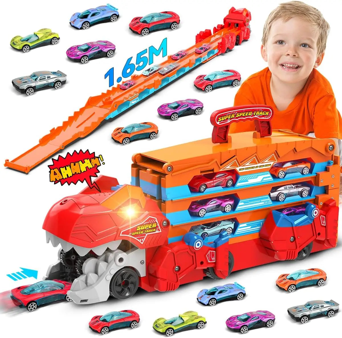 Kids Dinosaur 3-In-1 Transport Truck with 8 Race Cars Ejection Folding Track Portable Vehicles Set
