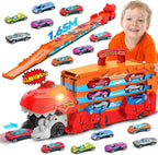 Kids Dinosaur 3-In-1 Transport Truck with 8 Race Cars Ejection Folding Track Portable Vehicles Set