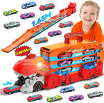 Kids Dinosaur 3-In-1 Transport Truck with 8 Race Cars Ejection Folding Track Portable Vehicles Set