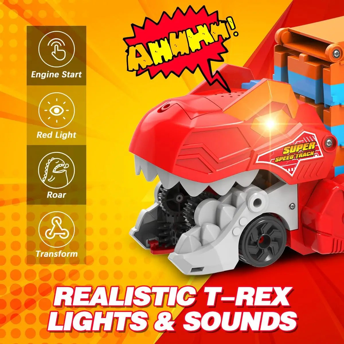 Kids Dinosaur 3-In-1 Transport Truck with 8 Race Cars Ejection Folding Track Portable Vehicles Set