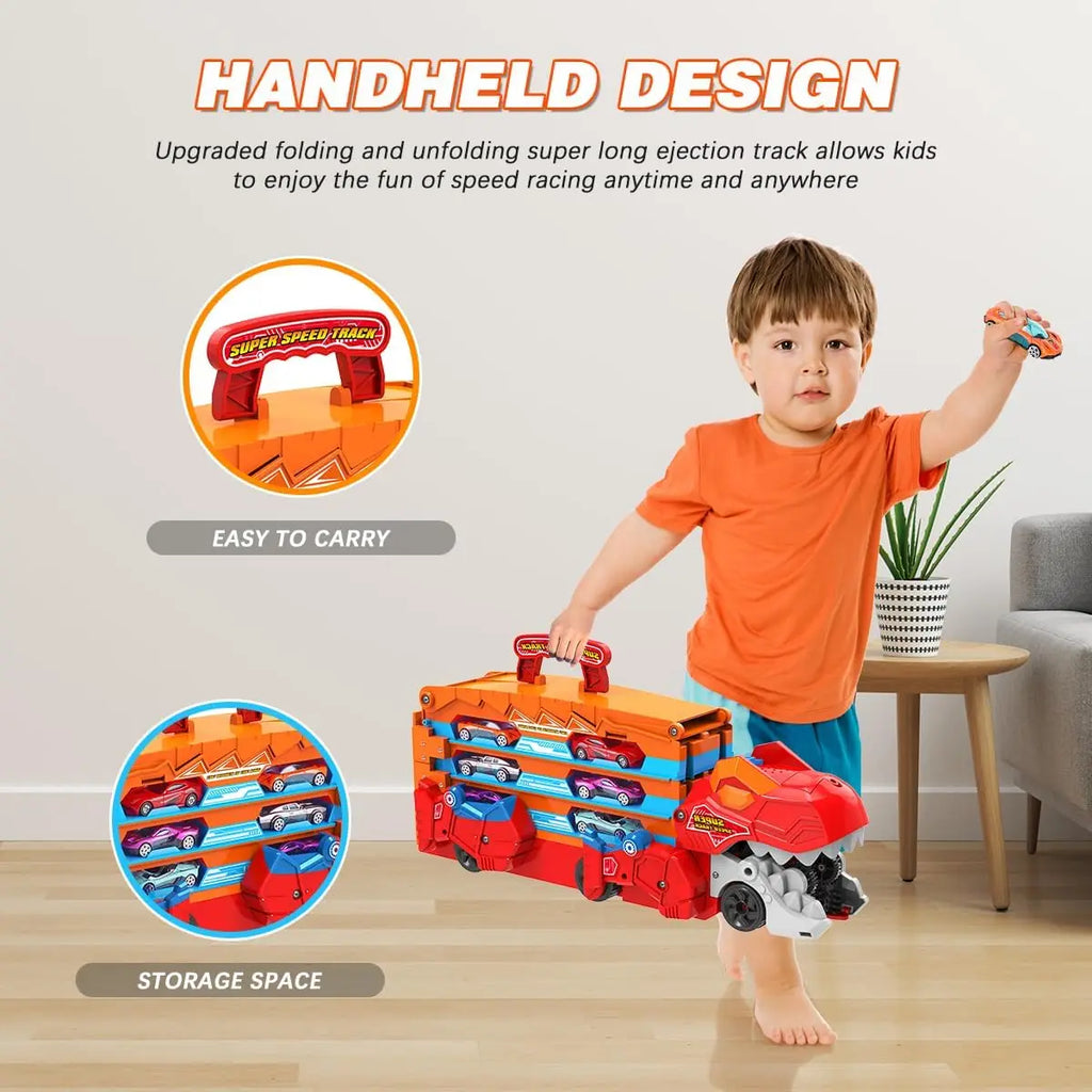 Kids Dinosaur 3-In-1 Transport Truck with 8 Race Cars Ejection Folding Track Portable Vehicles Set