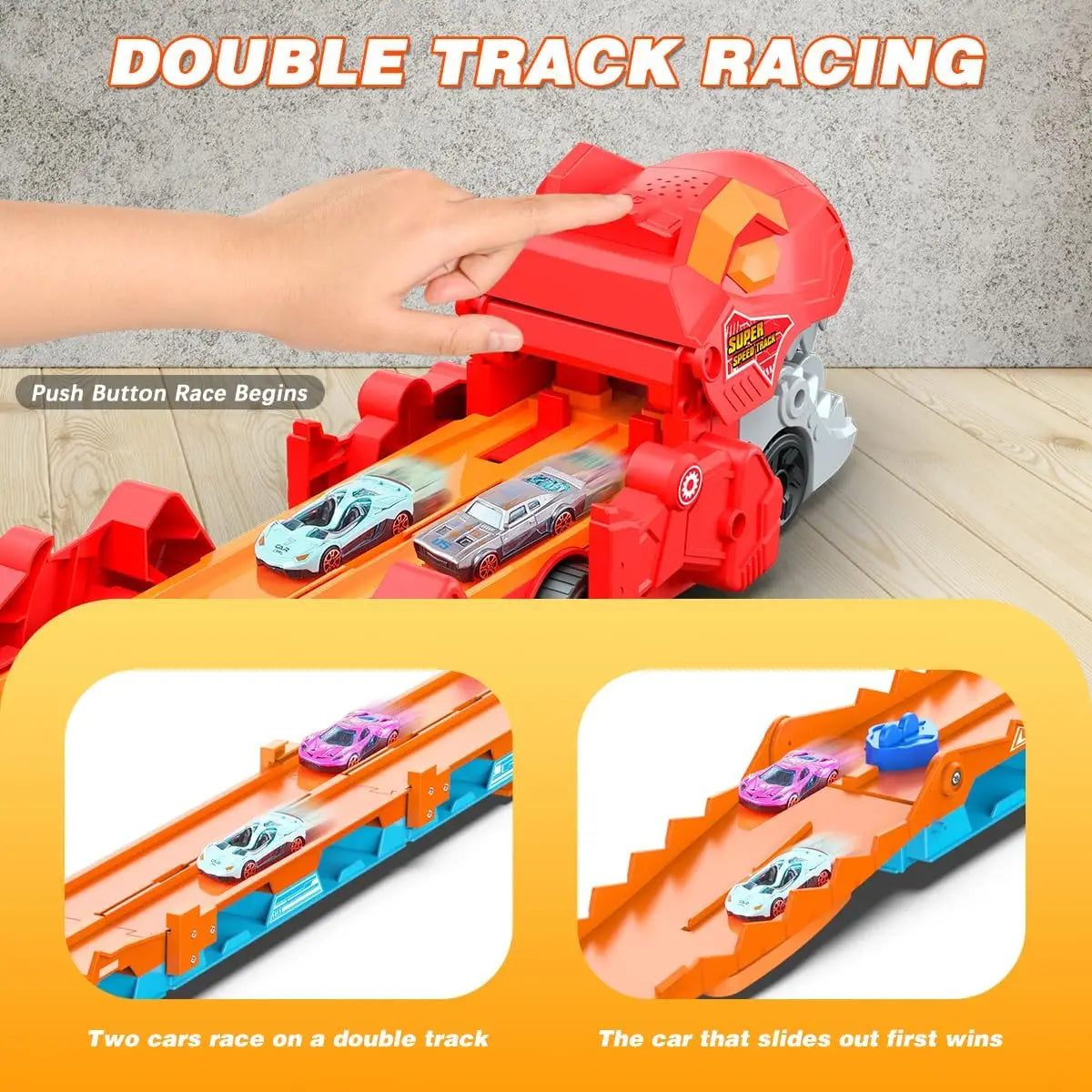 Kids Dinosaur 3-In-1 Transport Truck with 8 Race Cars Ejection Folding Track Portable Vehicles Set