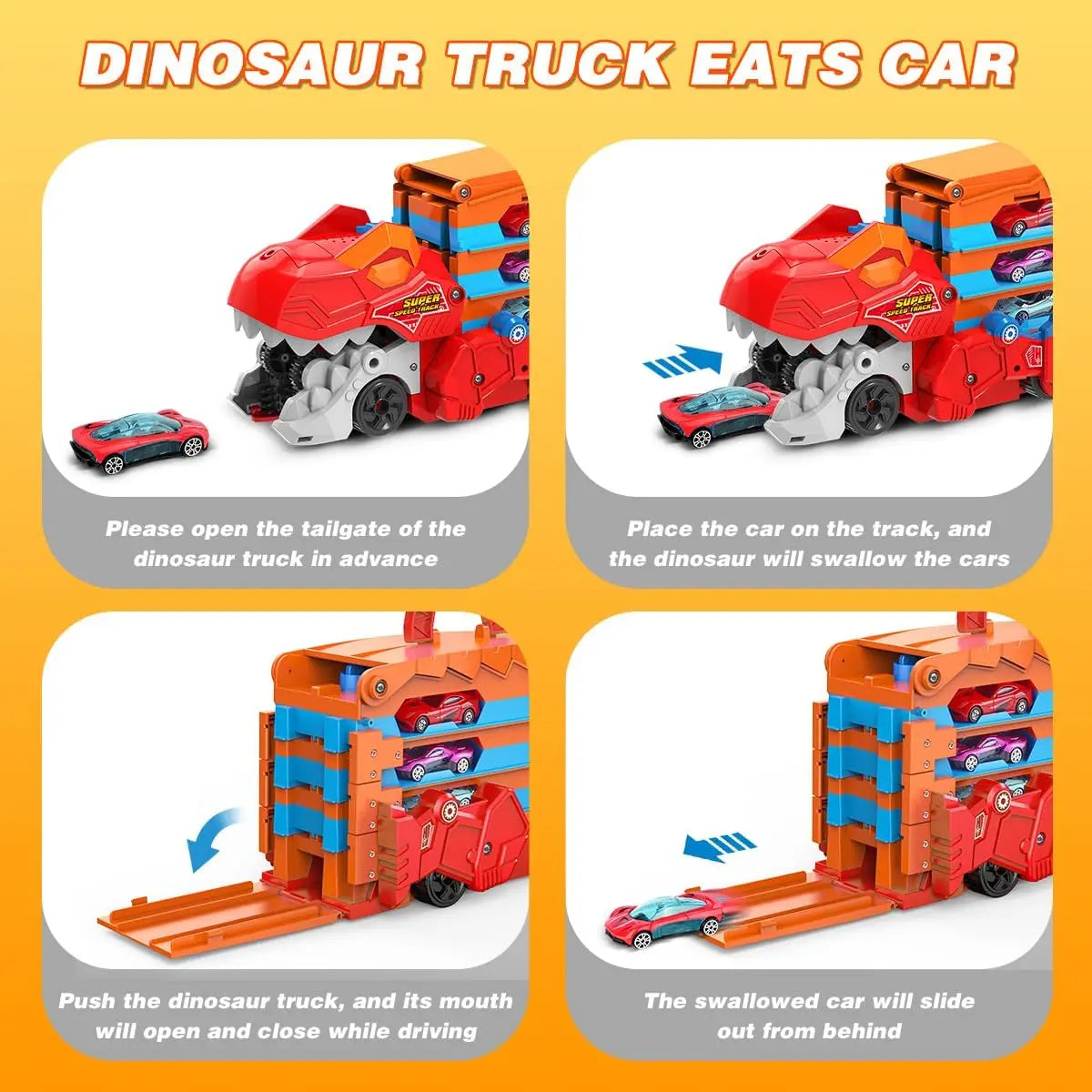 Kids Dinosaur 3-In-1 Transport Truck with 8 Race Cars Ejection Folding Track Portable Vehicles Set
