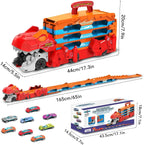 Kids Dinosaur 3-In-1 Transport Truck with 8 Race Cars Ejection Folding Track Portable Vehicles Set