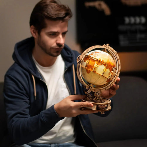 180pcs Wooden Puzzle Globe Model with LED Light 3D Illuminated Rotating Globe for Adult and Kids