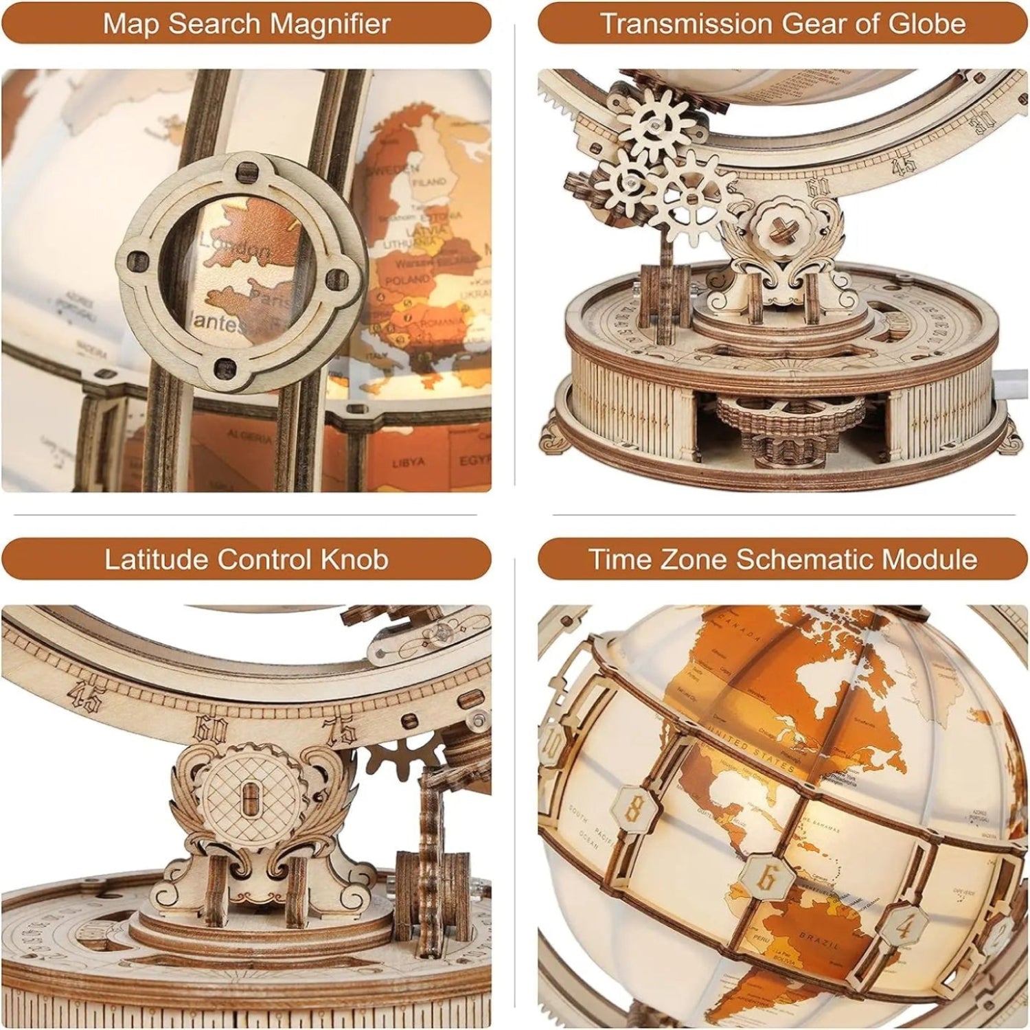 180pcs Wooden Puzzle Globe Model with LED Light 3D Illuminated Rotating Globe for Adult and Kids