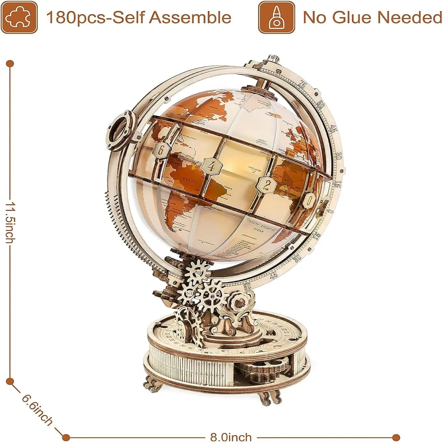 180pcs Wooden Puzzle Globe Model with LED Light 3D Illuminated Rotating Globe for Adult and Kids