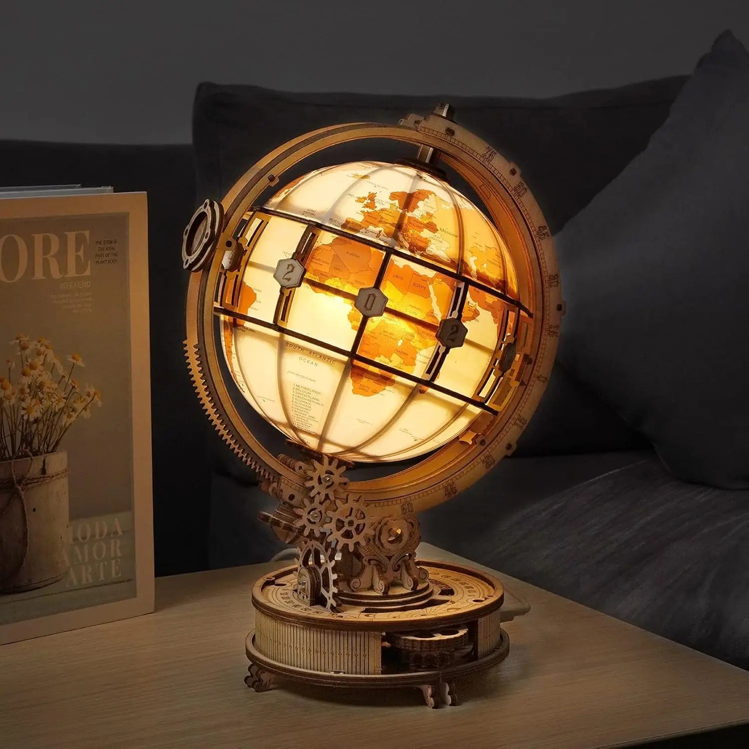 180pcs Wooden Puzzle Globe Model with LED Light 3D Illuminated Rotating Globe for Adult and Kids