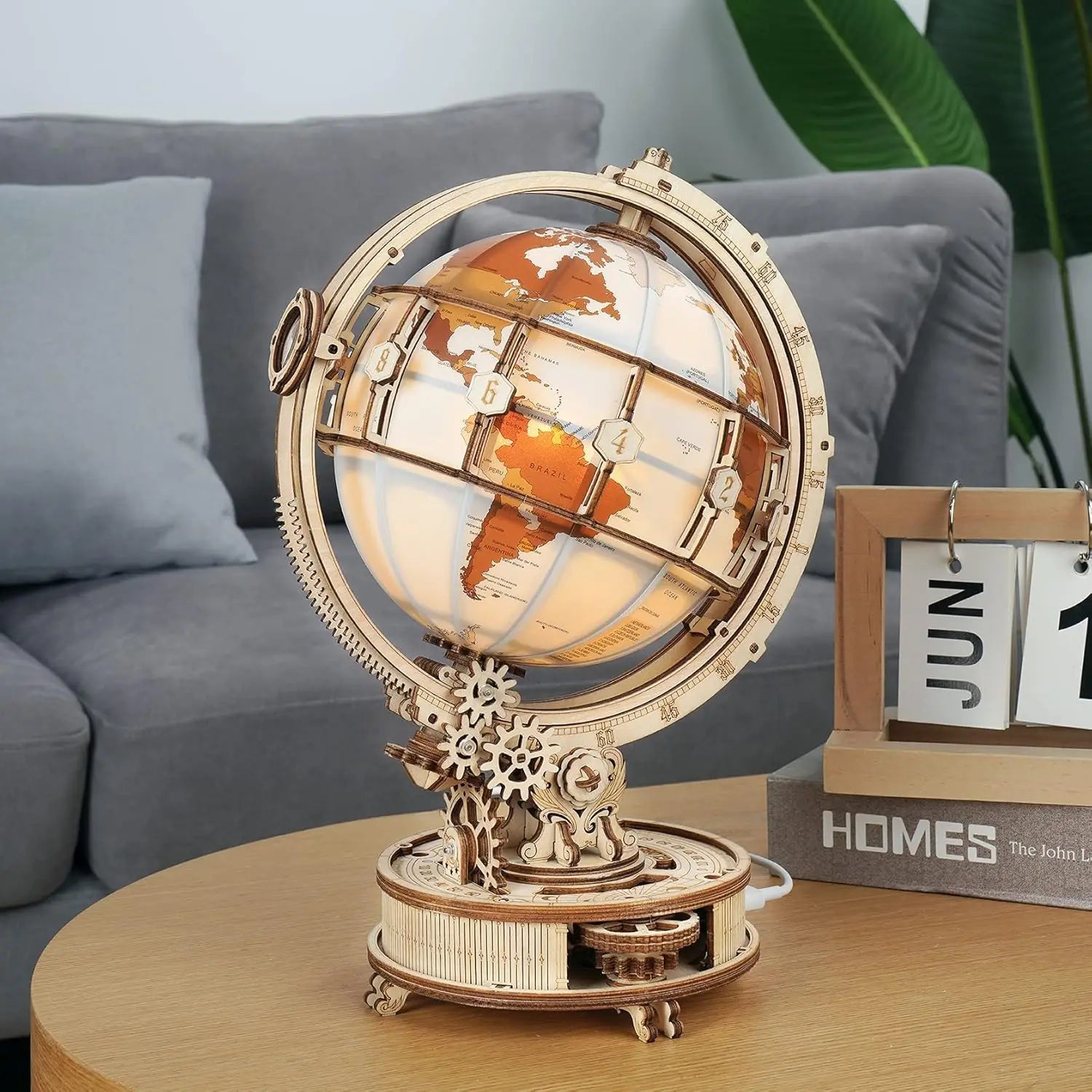 180pcs Wooden Puzzle Globe Model with LED Light 3D Illuminated Rotating Globe for Adult and Kids