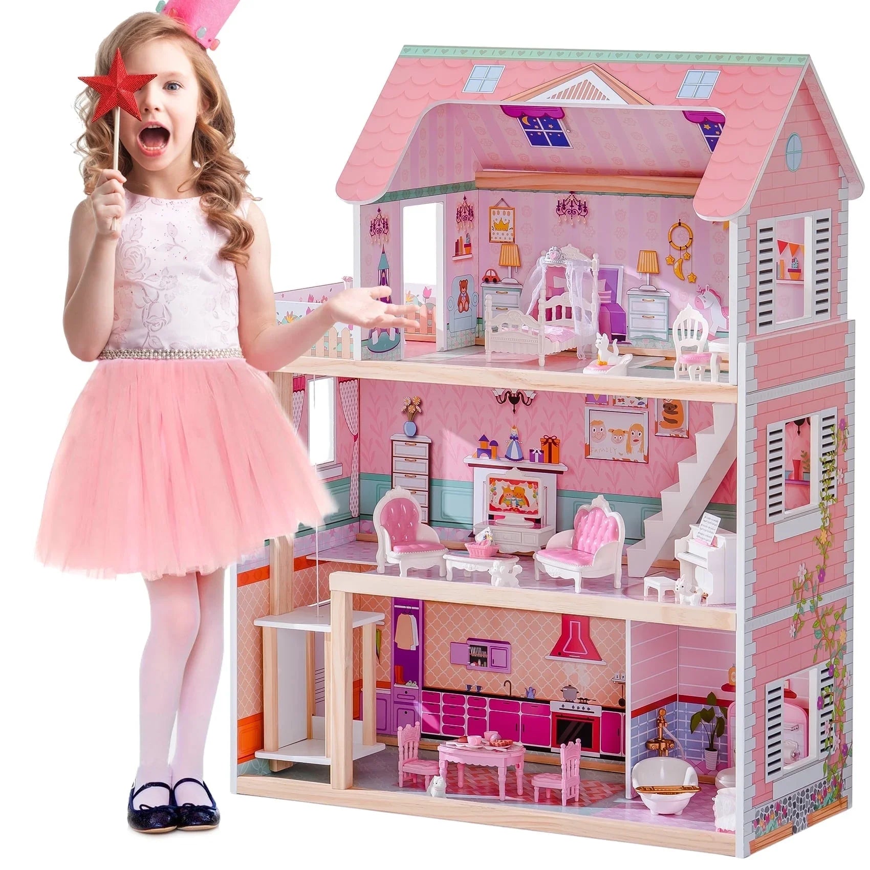 Wooden Dollhouse Set with 24pcs Furniture Working Elevator Holiday Gift for Girls