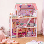 Wooden Dollhouse Set with 24pcs Furniture Working Elevator Holiday Gift for Girls