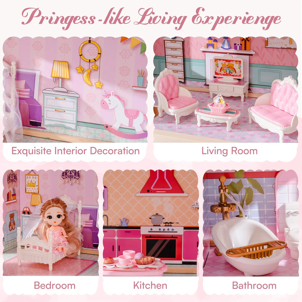 Wooden Dollhouse Set with 24pcs Furniture Working Elevator Holiday Gift for Girls