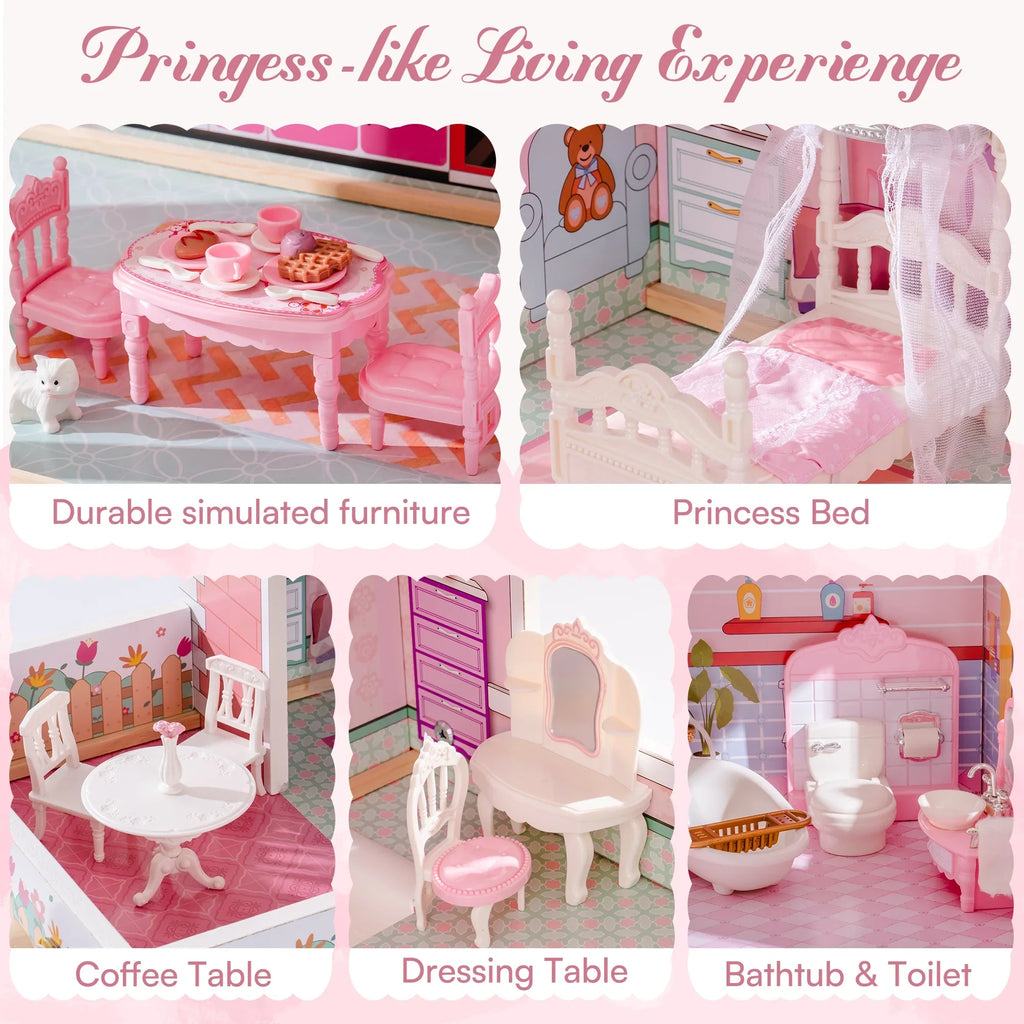 Wooden Dollhouse Set with 24pcs Furniture Working Elevator Holiday Gift for Girls