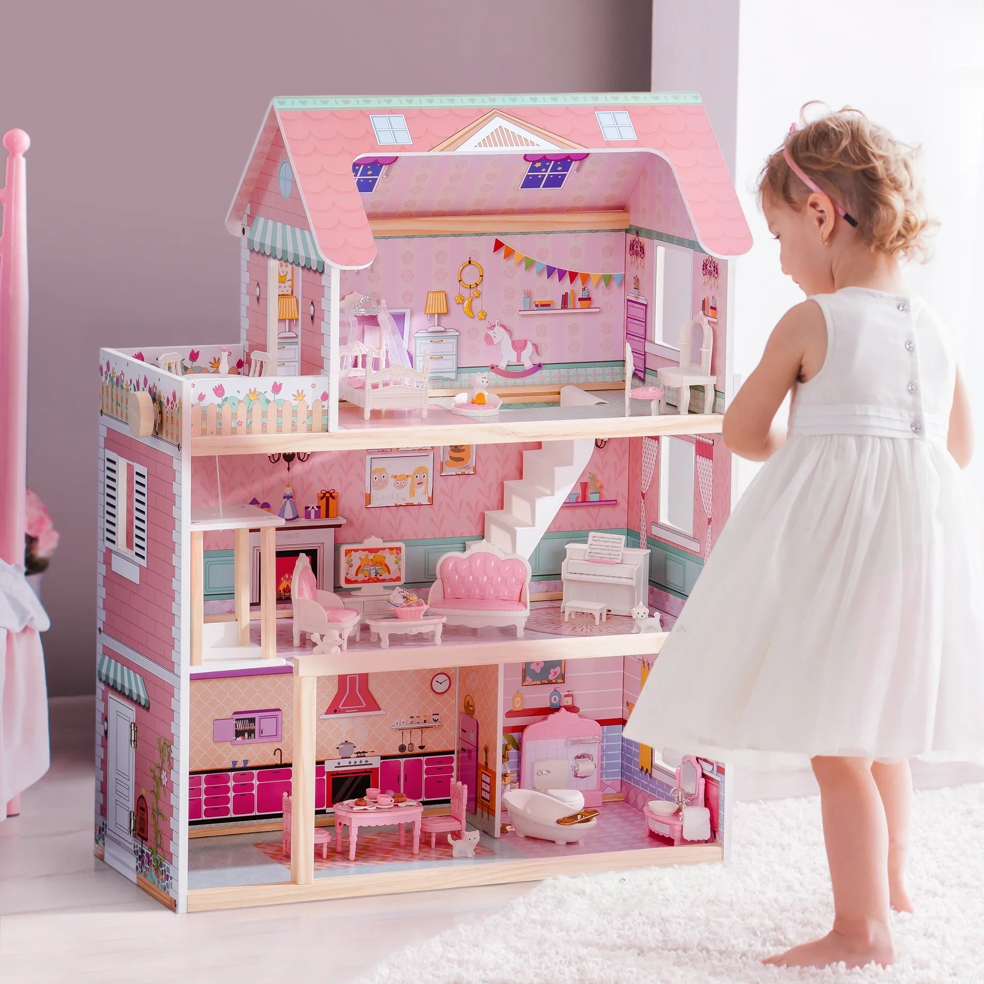 Wooden Dollhouse Set with 24pcs Furniture Working Elevator Holiday Gift for Girls