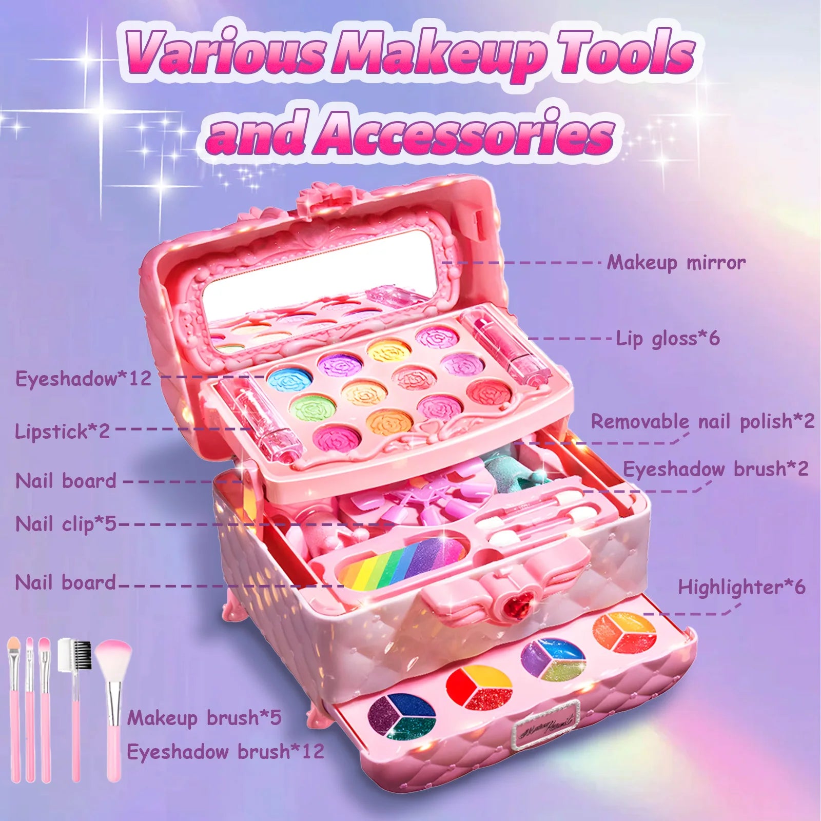 Kids Makeup Set Washable Safe Set Multi-Layer Pink Foldable Storage Box Holiday Gift