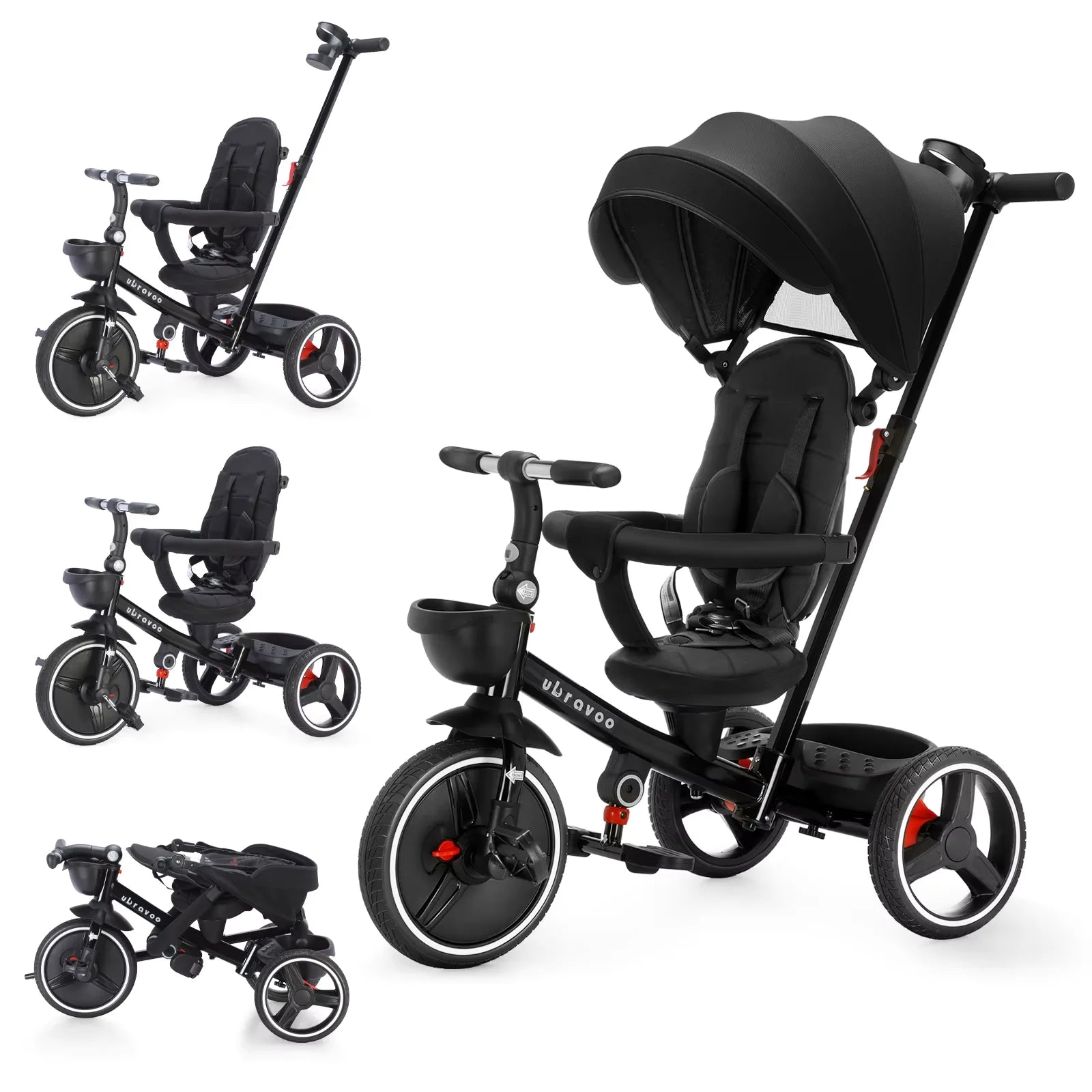 6in1 Folding Baby Tricycle Adjustable Parent Handle Stroller with Removable Canopy Push Car