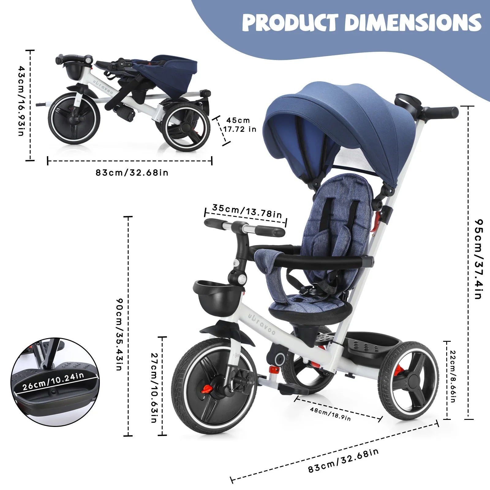6in1 Folding Baby Tricycle Adjustable Parent Handle Stroller with Removable Canopy Push Car