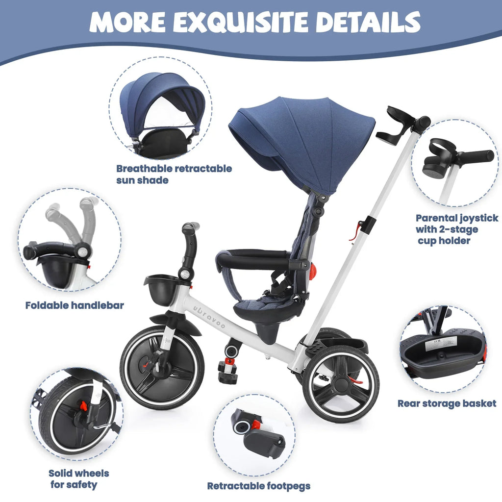 6in1 Folding Baby Tricycle Adjustable Parent Handle Stroller with Removable Canopy Push Car