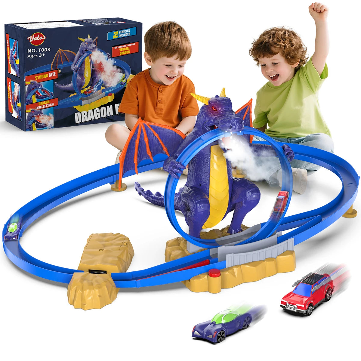 Kids Dragon Track Cars Set with Light & Spray Racing Car Toy Two-player Game Toys Holiday Gift