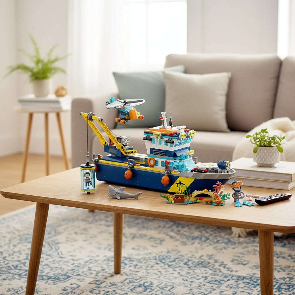 Floatable Boat Building Block Set with LED Light Ocean Arctic Explorer Ship Helicopter Sub Exploration Toy