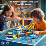 Floatable Boat Building Block Set with LED Light Ocean Arctic Explorer Ship Helicopter Sub Exploration Toy