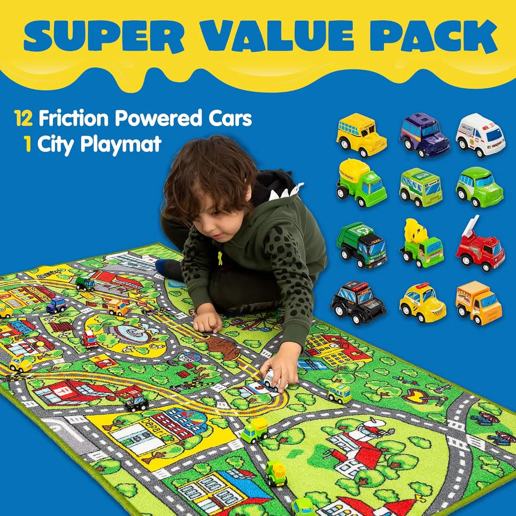 Kids City Map with 12 Cars Pull-Back Vehicle Set Play Track Rugs Holiday Gift