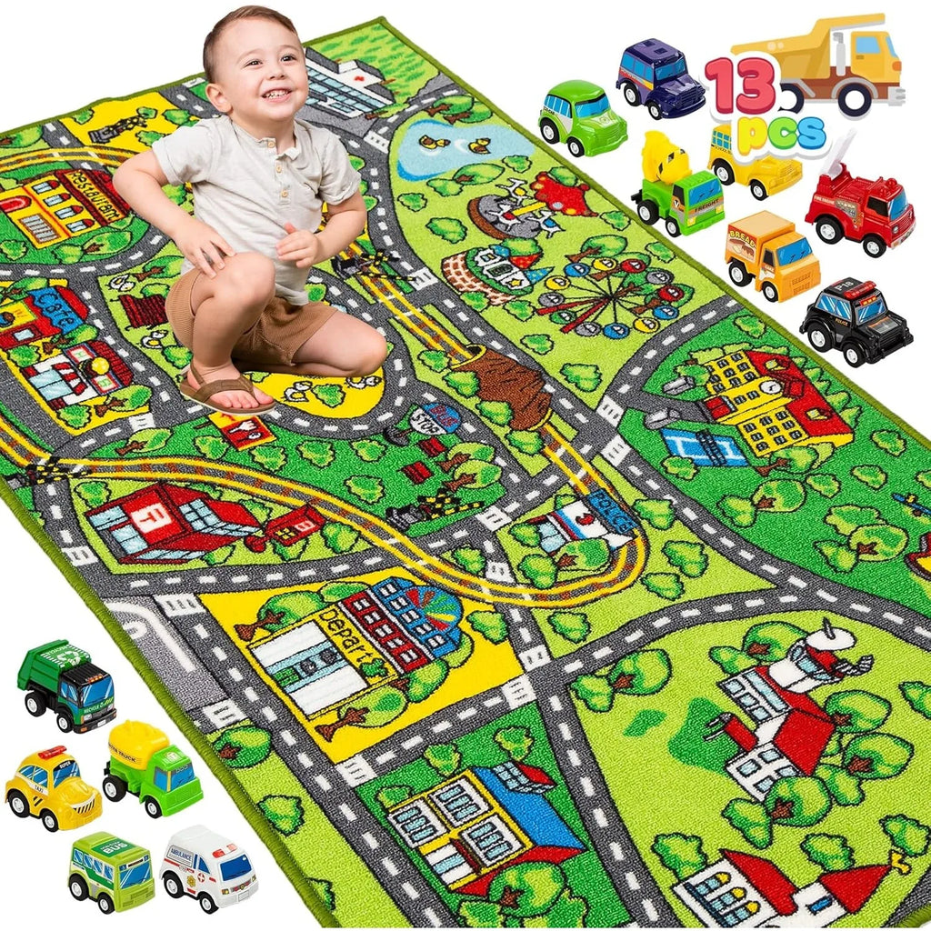 Kids City Map with 12 Cars Pull-Back Vehicle Set Play Track Rugs Holiday Gift